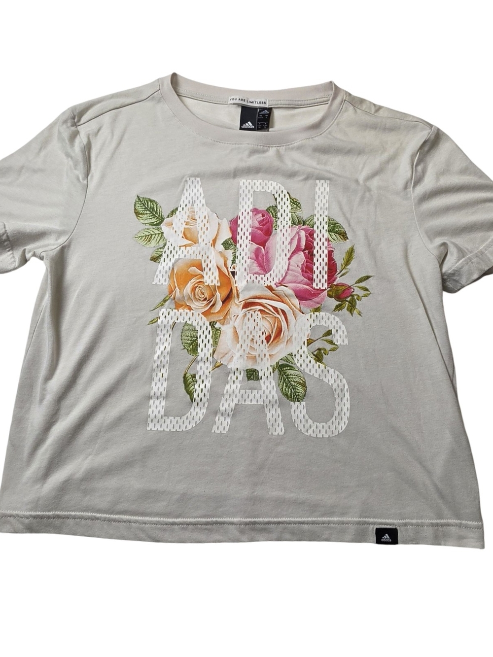 Adidas Floral Graphic Tee Roses Logo Beige Cream Women’s Size S